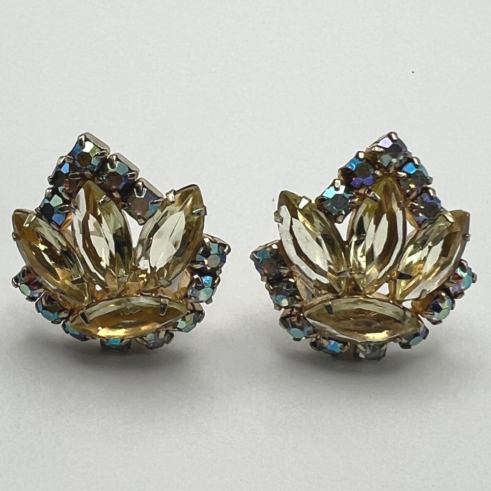 Vintage Clip On Statement Earrings Yellow and AB Rhinestones Gold Tone